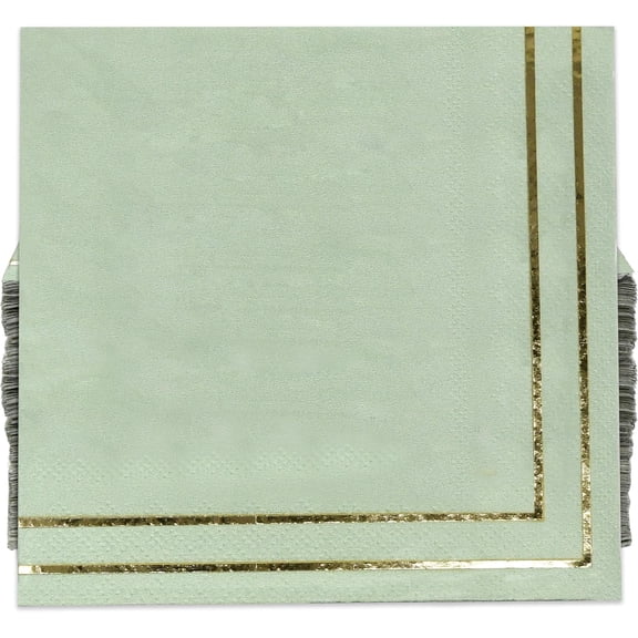 Gift Boutique 100 Gold and Sage Green Cocktail Beverage Napkins Metallic Golden Foil Trim Stripe Disposable Paper Dessert Napkin for Wedding Holiday Baby Shower Graduation Party Supplies Decorations