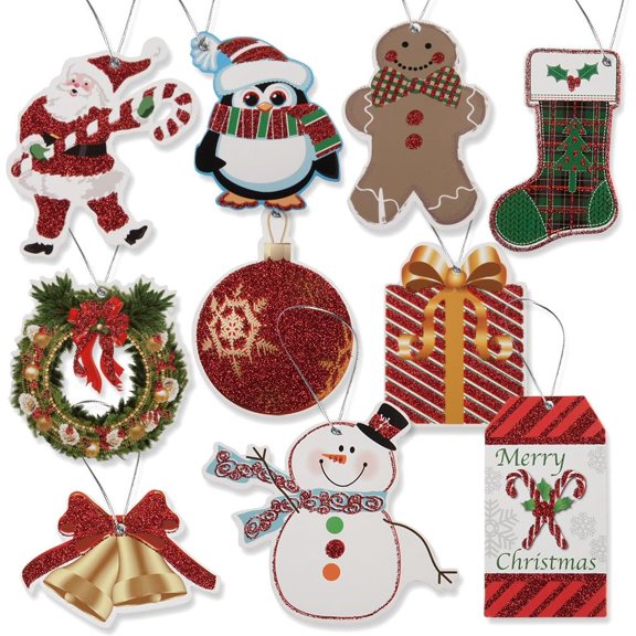 Gift Boutique - 100 Pack Large Christmas Gift Tags with Ribbon Strings, 10 Glitter Foil Holiday Designs, Write-On Labels for Gift Wrapping & Packages