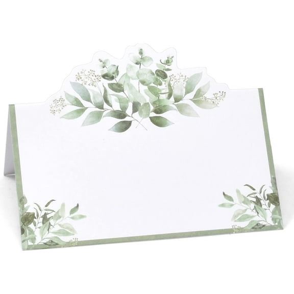 Gift Boutique 100 Pack Eucalyptus Greenery Place Cards Floral Green Leaves Seating Name Card Folded Tent Cards for Baby Shower Reception Tables Placement Party Decorations 2" x 3.5"