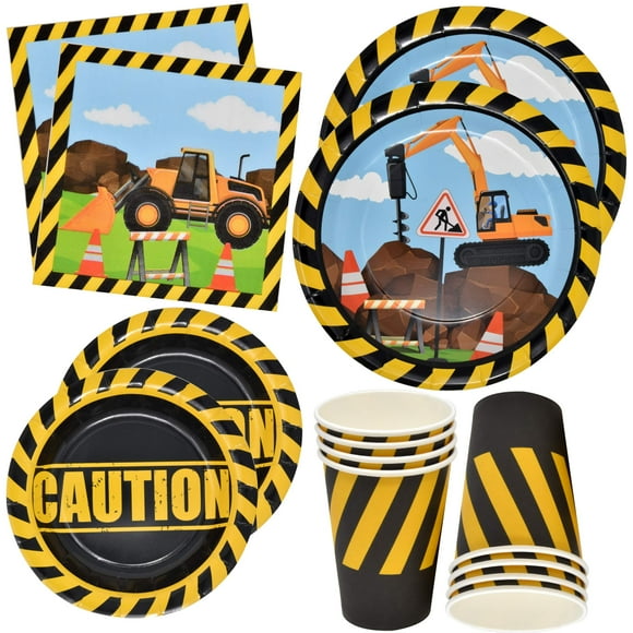 Gift Boutique 122 Pcs Construction Party AFN1Supplies Paper Plate Cup Napkin for Builder Digger Truck Bulldozer Birthday Disposable Dinnerware Serves 24