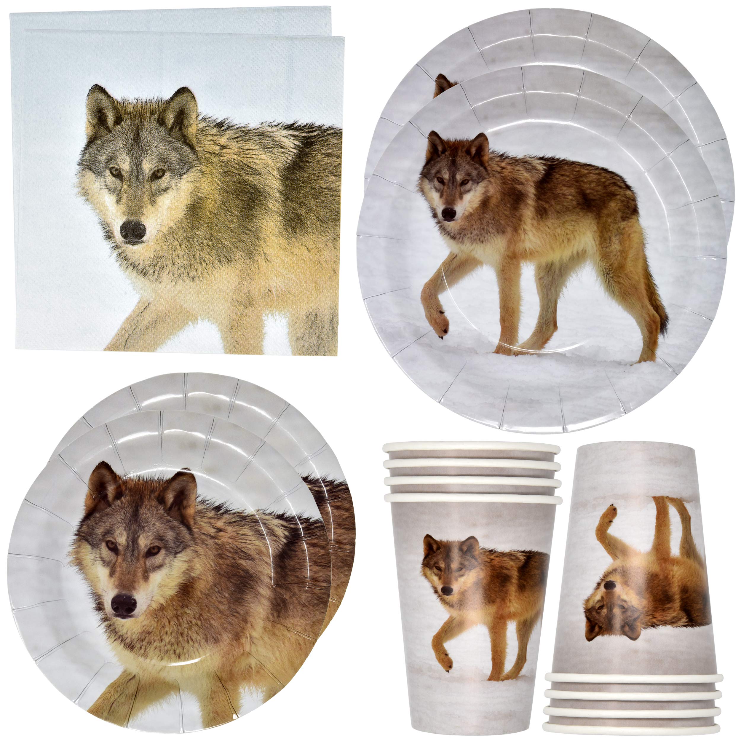 Gift Boutique 122 Pcs Wolf Party AFN1Supplies Set Paper Plates Cup Napkin for Wolfs Jungle Safari Animal Zoo Forest Hunting Birthday Disposable Dinnerware Serves 24