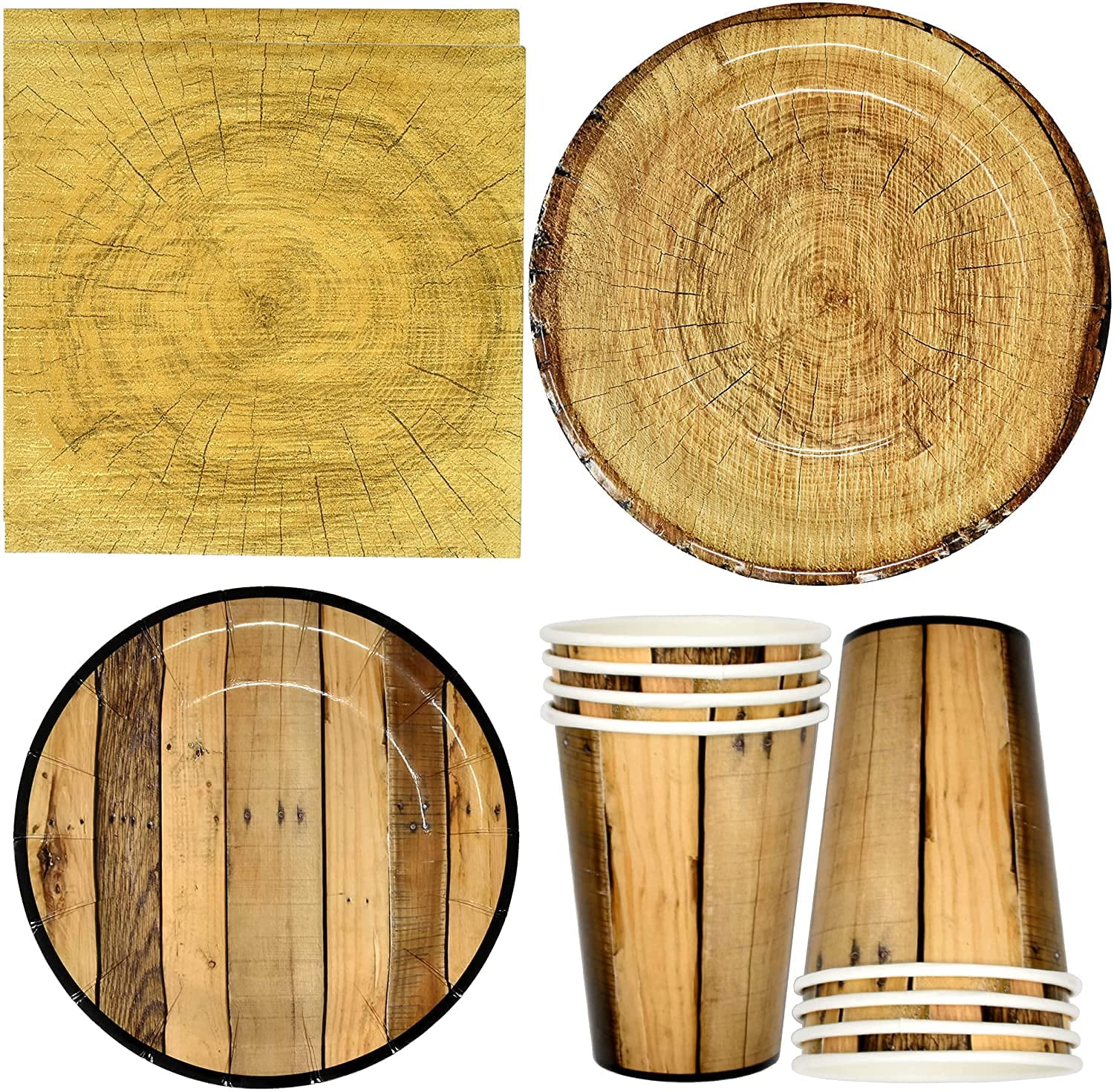 Gift Boutique 122 Pcs Wood Grain AFN1Slice Party Supplies Set Paper Plate Cup Napkin for Camping Woodland Baby Shower Lumberjack Birthday Disposable Dinnerware Serve 24