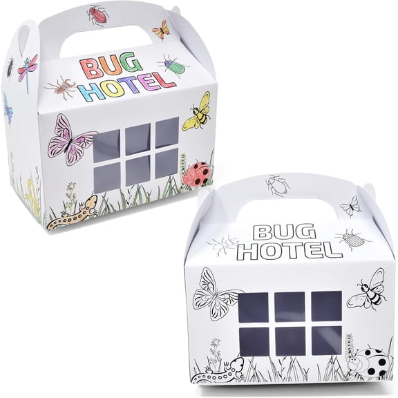 Gift Boutique 24 Pack Bug Hotel Color Your Own Cardboard Box for Bugs Catchers Critters Collection & Insect Research Gable Box Container with Window for Kid School Garden Crafts Supplies Party Favor