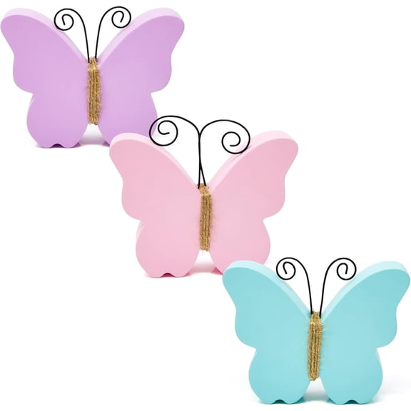 Gift Boutique | 3-Piece Wooden Butterfly Decorations | Spring Easter Tiered Tray, Rustic Tabletop, Pink Blue Lavender