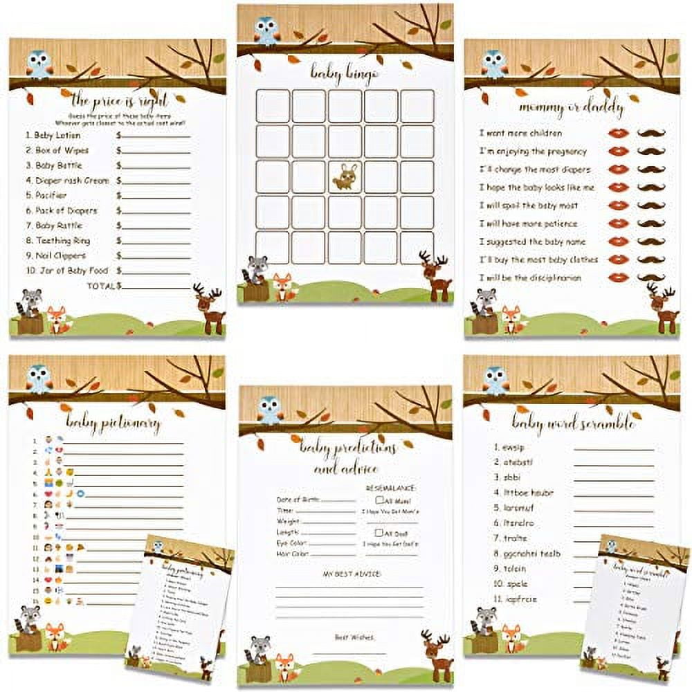 Woodland Creatures Baby Shower Games Set, Neutral for Boys & Girls, Includes 6 Fun Games, Total 300 Cards