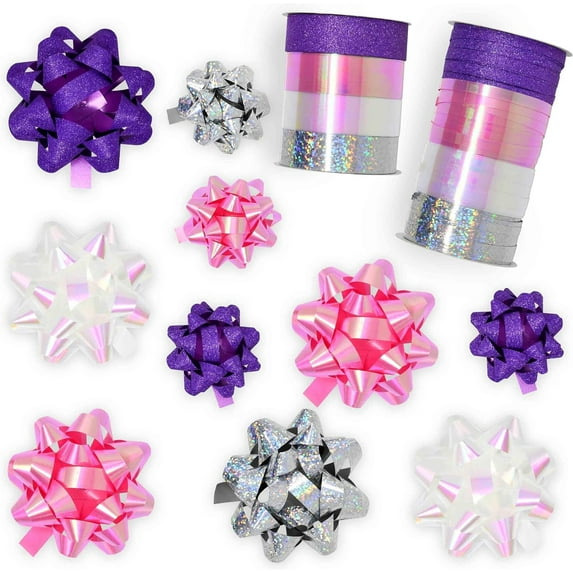 Gift Boutique 32 Pcs Gift Bows Assortment Set 30 Multi Colored Assorted Size Gift Bows Purple Pink White Silver & 8 Curling Ribbon Rolls for Christmas Holiday Party