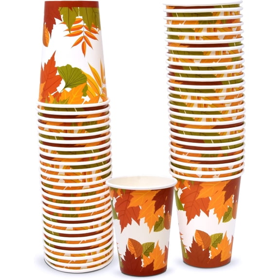 Gift Boutique 50 Thanksgiving Fall Leaves Disposable Cups 9 oz. Autumn Maple Leaf Paper Party Cup for Holiday Harvest Beverage Drinks Drinking Cup Dinner Wedding Event Supplies Decorations