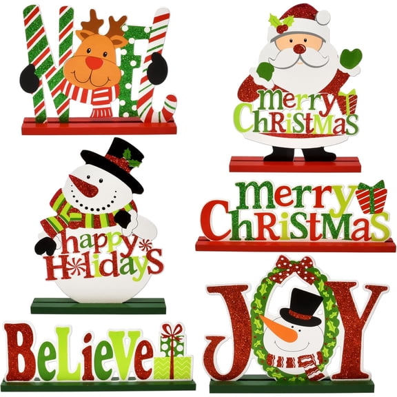 Gift Boutique - 6 Pack Wooden Christmas Table Signs Decorations Glitter Holiday Centerpiece Snowman, Santa, Reindeer & Festive Desktop Décor for Home, Kitchen & Xmas Party Supplies