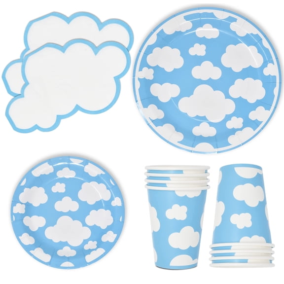 Gift Boutique 96 Pcs Blue Sky AFN1White Cloud Party Supplies Set Paper Plates Cups Napkins for Clouds Baby Shower Gender Reveal Birthday Disposable Dinnerware Serves 24
