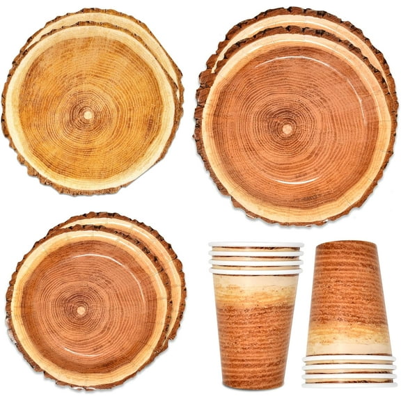 Gift Boutique 96 Pcs Wood Grain Slice Party Supplies Set Paper Plate Cup Napkin for Camping Woodland Baby Shower Lumberjack Birthday Disposable Dinnerware Serve 24