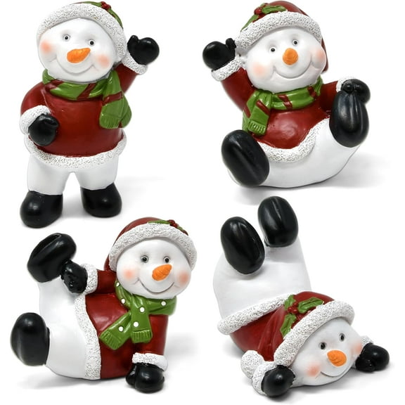 Gift Boutique Christmas Snowman Figurines Table Top Decor, Mini 3.5" Resin Sitting Laying & Standing Tabletop Decoration for Home Desk Shelf Fireplace Mantle Winter Holiday Party Supplies - Set of 4