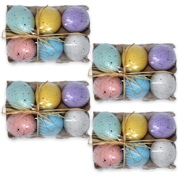 Gift Boutique | Decorative Speckled Easter Eggs | 24 Foam Eggs in 4 Trays with Raffia Bow | Multicolored Pastel Holiday Craft & Party Decor