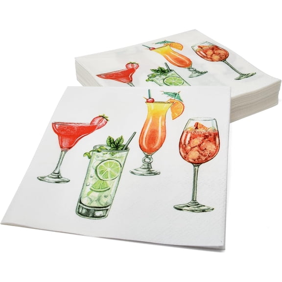 Gift Boutique Tropical Cocktail Beverage Napkins, 100 Count, 3-Ply Disposable Paper Party Napkins, Summer Drinks Design, 5x5 Folded, Multicolor
