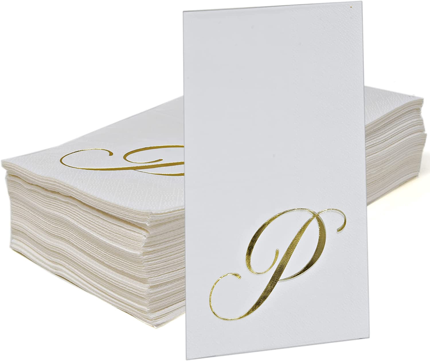 Gift Boutique Disposable Guest Napkins, Gold Foil Monogram Letter P, 100 Count, White Paper Party Napkins for Weddings, Bathroom & Events