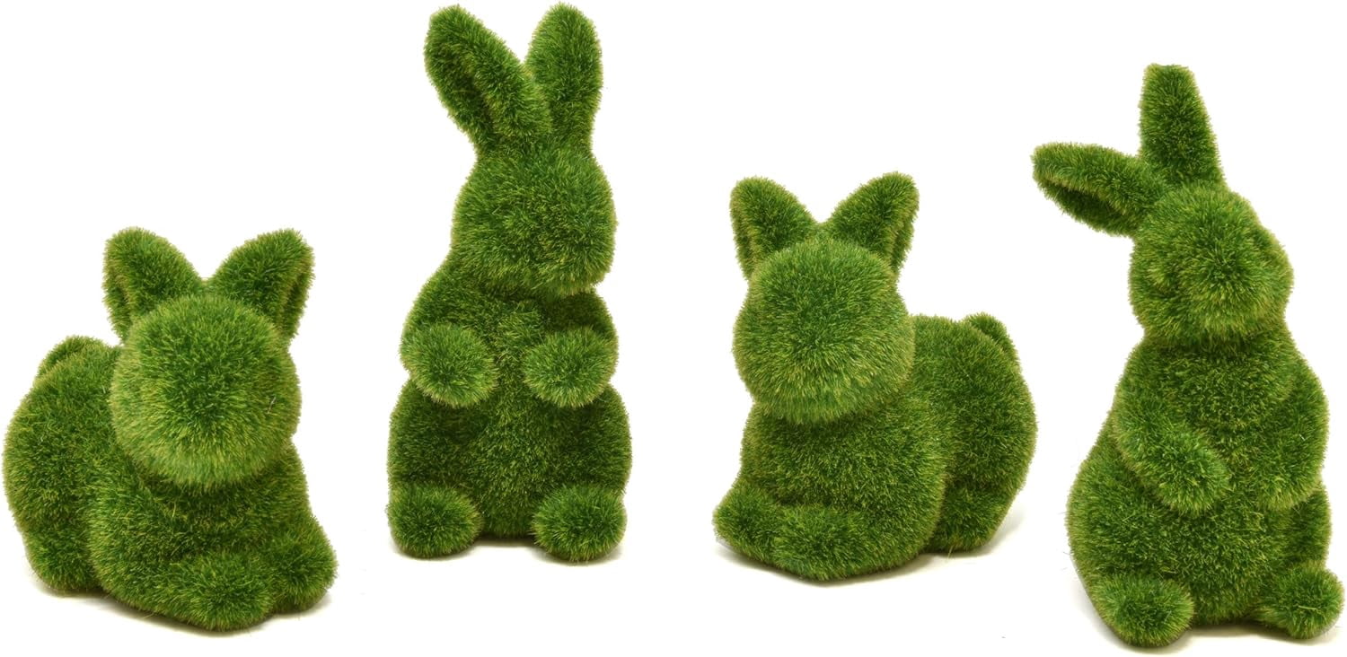 Gift Boutique Flocked Bunny Figurines, Green Moss Easter Rabbit Decor, Indoor Outdoor Table Shelf Accents, Set of 4