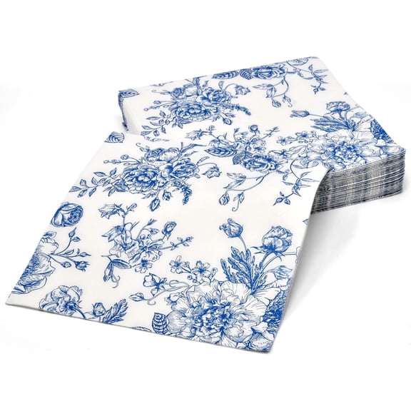 Gift Boutique Floral Cocktail Napkins, Blue & White Spring Flower Disposable Paper Napkins, 120-Pack