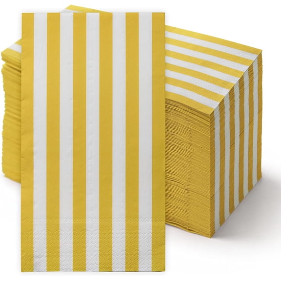 Gift Boutique Guest Napkins, 100 Pack 3-Ply Disposable Paper Napkins, Yellow and White Striped Tableware for Parties, Weddings, Showers and Events