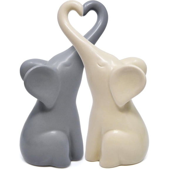 Gift Boutique Loving Pair of Ceramic Elephants Figurines, Beige & Grey Modern Romantic Sculpture Decoration, 6.5 Inch Wedding Anniversary Home Décor Gift, Set of 2