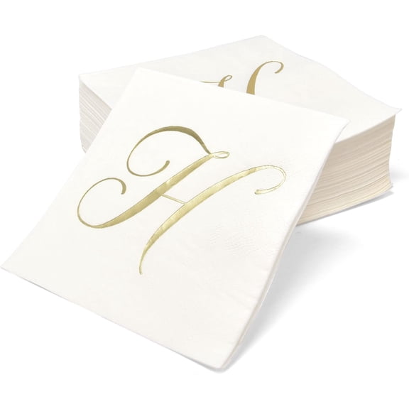Gift Boutique Monogram Cocktail Napkins Letter H, Gold Foil Disposable Paper Napkins, 100 Count, 5x5 Folded, Party Wedding Bathroom Decor