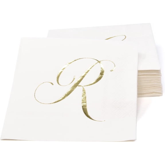 Gift Boutique Monogram Cocktail Napkins Letter R, 100 Count 3-Ply Disposable Paper Napkins, White with Gold Foil, 5x5 Folded Party Beverage Napkins