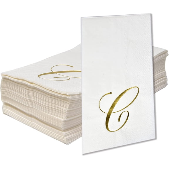 Gift Boutique Monogram Guest Napkins Letter C, 100 Count Gold Foil Disposable Paper Napkins, 2-Ply White Decorative Party Bathroom Towels
