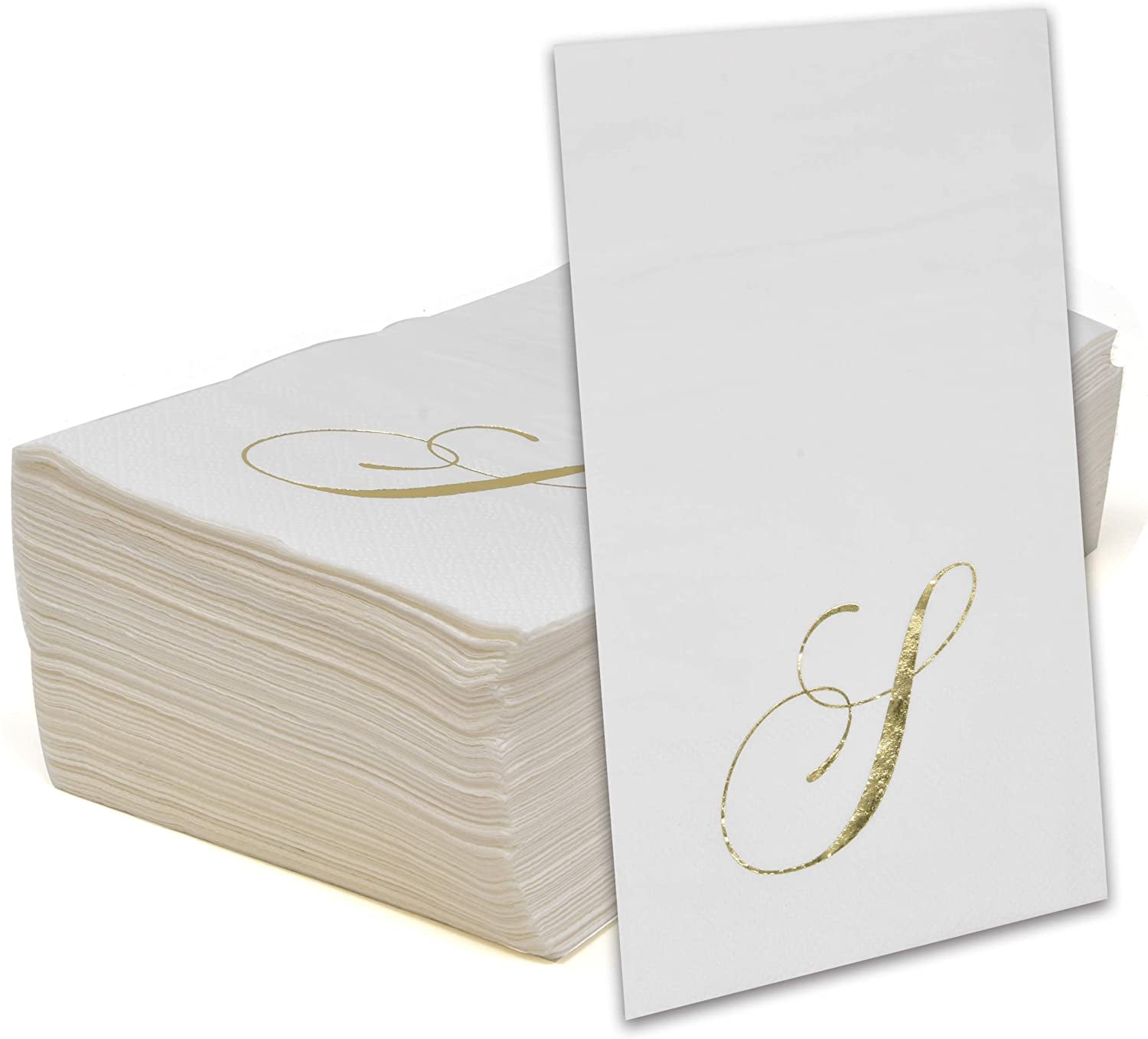 Gift Boutique Monogram Guest Napkins Letter S, 100 Count Gold Foil Disposable Paper Napkins, 2-Ply Elegant Dinner & Bathroom Napkins, White