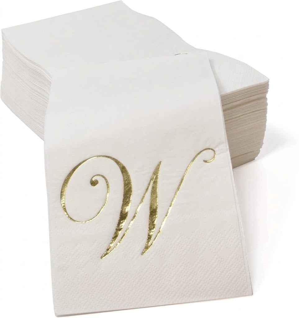 Gift Boutique Monogram Guest Napkins, Letter W Gold Foil, 100 Count, 2-Ply Disposable Paper Dinner Napkins for Wedding Party Bathroom Decor, White