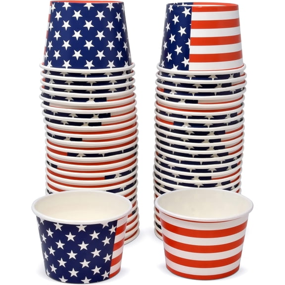 Gift Boutique Patriotic Dessert Cups 48 Count, 10 oz Disposable Paper Ice Cream & Snack Bowls, American Flag Red White Blue July 4th Party Supplies