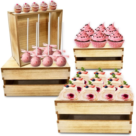 Gift Boutique Set of 4 Wooden Cake Display Stands Rustic Square Cupcake & Dessert Risers, Decorative Serving Trays, Nesting Crate Style Party Stands for Wedding, Birthday, Holiday Table Dcor