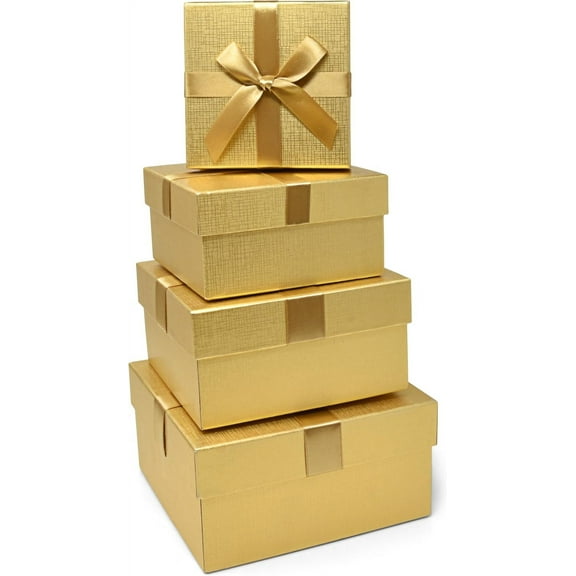 Gift Boutique - Set Of 4 Gold Square Gift Boxes with Ribbon Bow