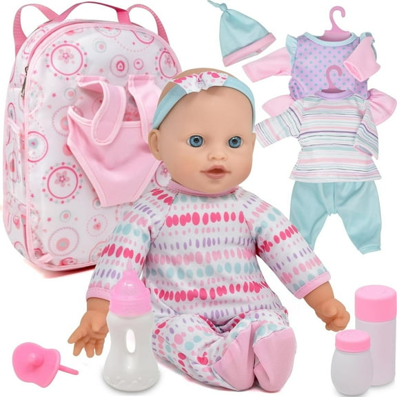 Gift Boutique Soft Body Baby Doll with Clothes in Take Along Backpack Carrier, 12 Inch Infant Baby Doll with Accessories for Toddlers and Kids 2 3 4 5 Year Old