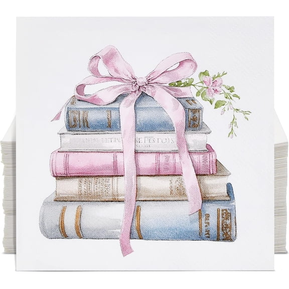 Gift Boutique Stack of Books Cocktail Napkins, 100 Count Disposable Paper Napkins for Book Club Parties, Literary Theme Tea Party Table Decorations