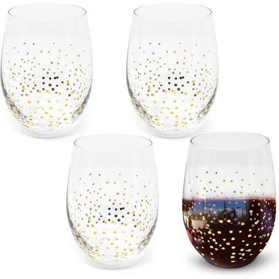 Gift Boutique - Stemless Wine Glasses Set of 4 Wine Glass Tumbler Goblet Drinking Cups for Drinkware Party Table Supplies Decorations & Wineglass Gift 16 Ounces Glassware with Gold Dot Confetti Design