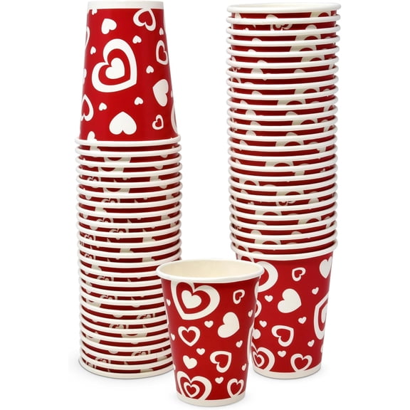 Gift Boutique 50 Valentine Disposable Cups 9 oz. Hearts Paper Party Valentine White Red Heart Love Design for Beverage Drinking Supplies