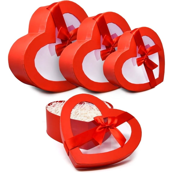 Gift Boutique Valentine Heart Shaped Gift Boxes 3 Pack Red Hearts Treat Box with Window & Bows on Lids Nesting Cardboard Cookie Box for Gift Decorative Present Packaging