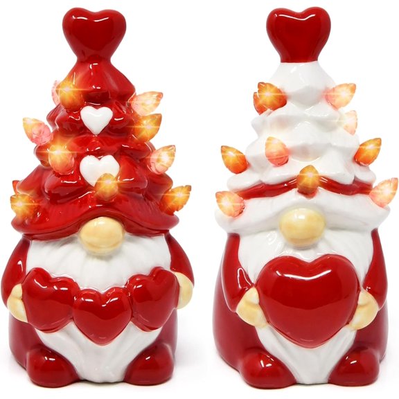 Gift Boutique Valentines Day Decorations Lighted Ceramic Gnome Figurines with Heart Tree LED Tabletop Shelf Mantel Home Decor