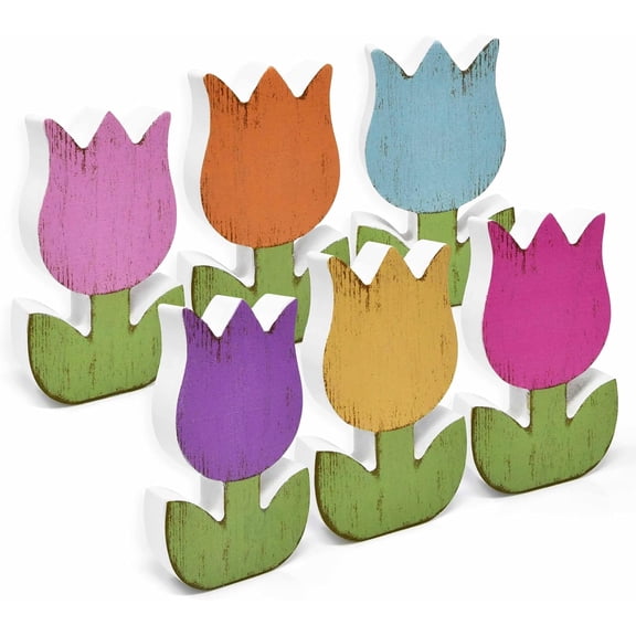 Gift Boutique Wooden Tulip Tabletop Decor Set of 6, Rustic Farmhouse Spring Flower Tiered Tray Centerpieces, Double-Sided Painted Blocks