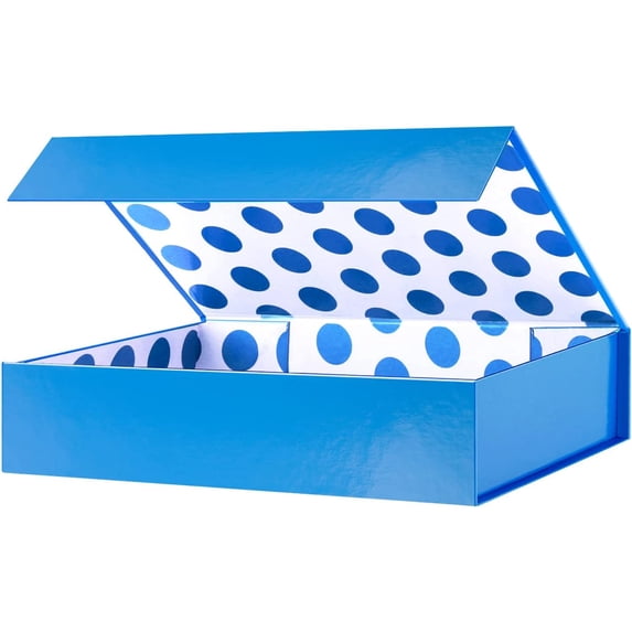Gift Box 11x7.8x2.3 Inches, Blue with Lid for Presents, Magnetic Shirt Boxes Clothes (Glossy Metallic Blue, Polka Dot Design Inside)