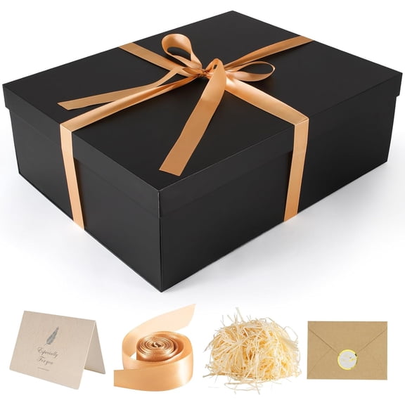 Gift Box, 16.5x13x5.5 inches Large Black Boxes with Lids for Presents, Birthday Box Contains Card Ribbon Shredded Paper Filler, Wrap Valentine Mother's Day Christmas Anniversary