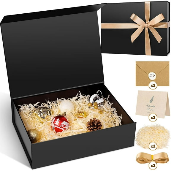 Gift Box, 2 Pack 13 x 10 x 4 inch Large Black Gift Box with Magnetic Lids for Bithday Gifts Box Contains Card, Ribbon, Shredded Paper Filler, Box for Gift Packaging
