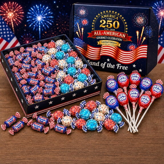 Gift Box Garden America 250th Patriotic Candy Variety Box, Red White & Blue Midgees Salt Water Taffy & Blow Pops Assorted Candy Gift Box, 32 oz