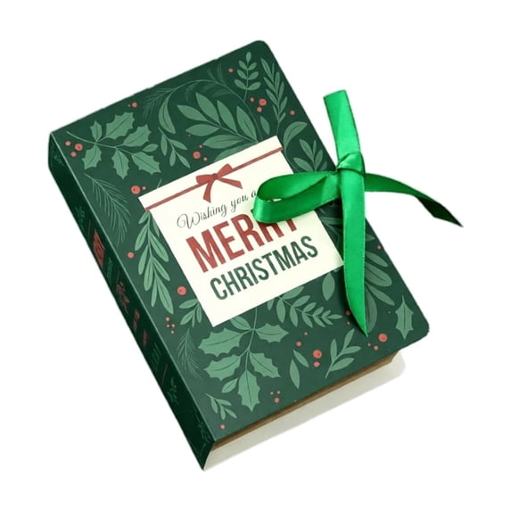 Gift Box with Lid Christmas Green Holly Book Shaped Treat Container 1 Pack Small Decorative Holiday Favor Box for Party Favors Candy and Small Present Gifting