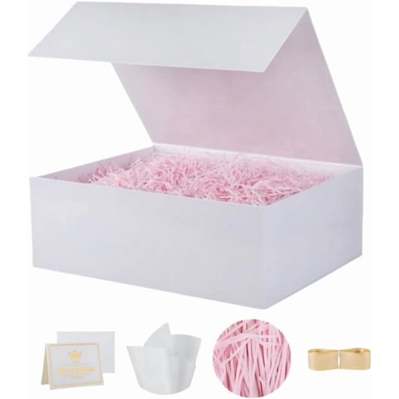 Gift Box with Magnetic Lid, Collapsible Cardboard Present Box with Filling Ribbon Card Envelope, Reusable Luxury Gift Packaging for Wedding Birthday Holiday