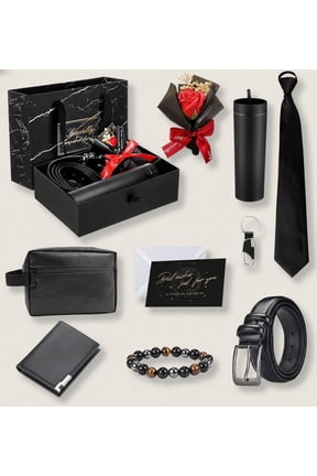 Gift Box for Men Birthdays Gift Set with Box for Men Dad Acrylic Tumbler with Lid Basket PU Leather Wallet Leather Toiletry Bag Tie Belt Keychain Bouquet Bracelet Greeting Card Set for Father's Day