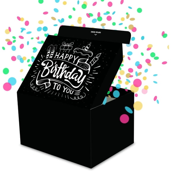 Gift Box Surprise Exploding Confetti Kit (Black Premium) Happy Birthday, Prank Pop Up 7.2x5.5x4.3 in.