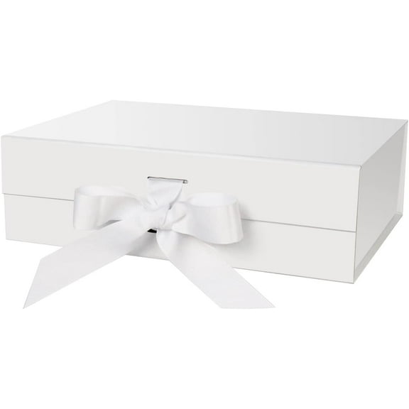 Gift Box with Lid for Presents 10.5x7.5x3.1 Inches with Ribbon and Magnetic Closure(1-Pack) (White)