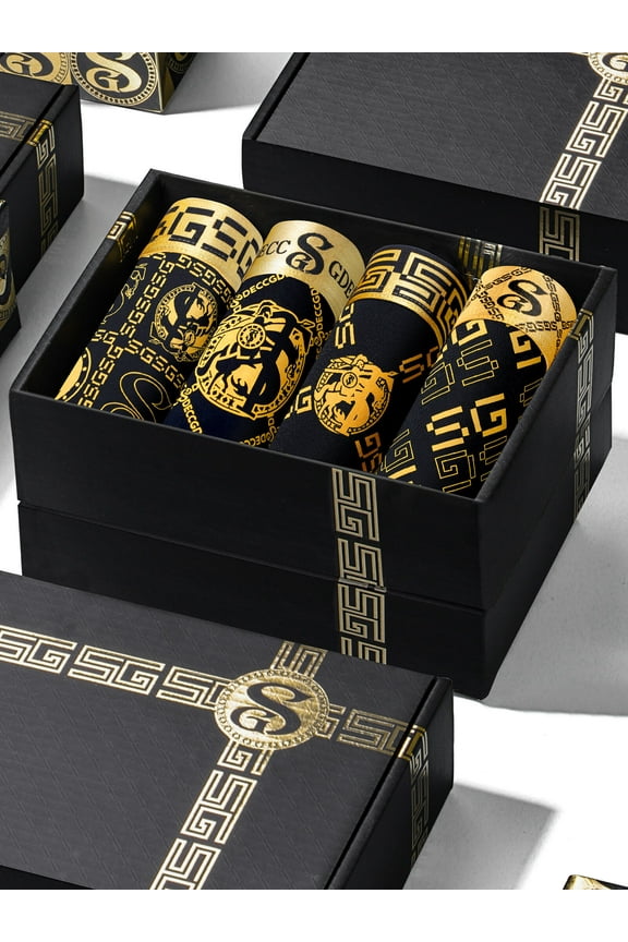 Gift Boxed Men's Underwear Boxer Briefs, Ice Silk Trunks Calzoncillos Underpants, Wicking Breathable Luxury Black Gold