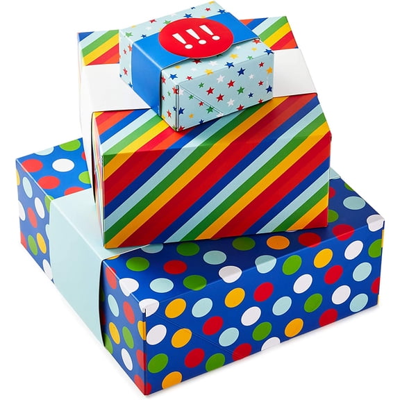 Gift Boxes 3-Pack Assorted Sizes (Rainbow Stripes, Dots, Stars) for Birthdays, Weddings, Graduation, Baby Showers, All Occasions, Wrapped Treats and Cookies