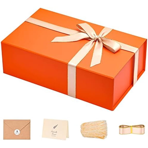 Gift Boxes Bulk, 13.85 x 8.35 x 4.45 inch 1 Pack Orange Gift Boxes with Lids Contains Card, Ribbon, Shredded Paper Filler Gift Boxes for Birthdays, Baby Shower, Bridal Gifts,Weddings