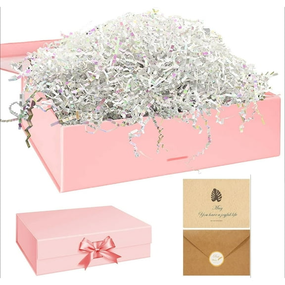 Gift Boxes with Lids, Cardboard Boxes, Magnetic Box, Magnetic Gift Box, Surprise Gift Box Set with Christmas Card, Ribbon, Shredded Paper Filler for Birthday Anniversary Valentine - Pink